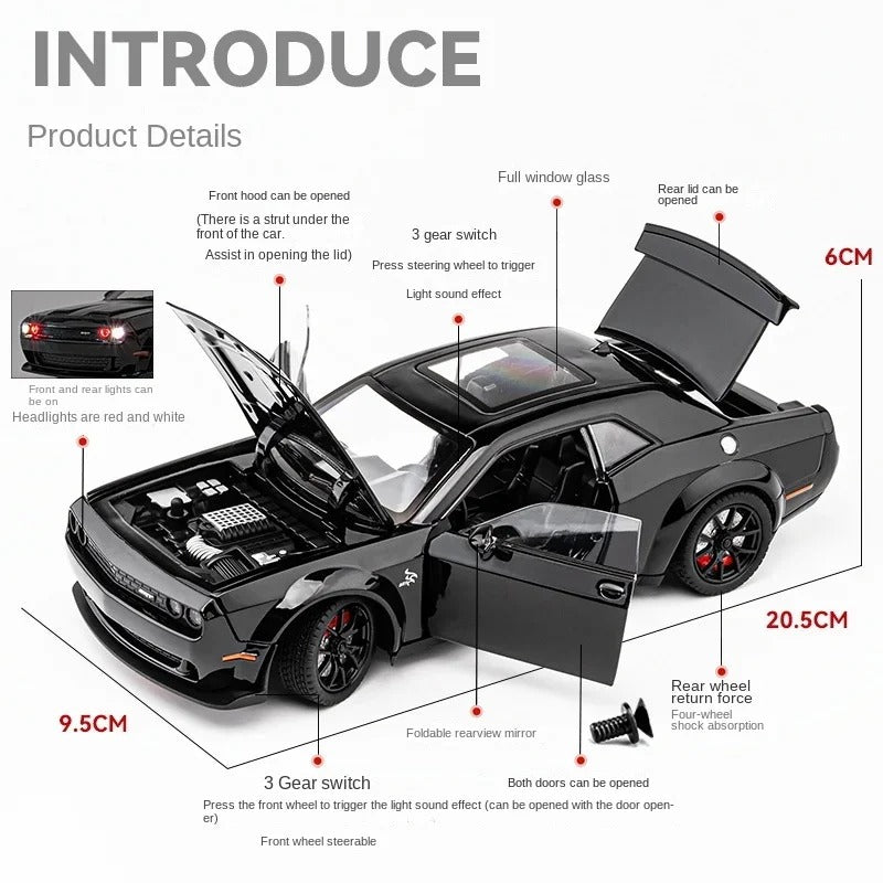 1/32 Dodge Challenger Hellcat Model Car, Zinc Alloy Pull Back Toy car with Sound and Light for Kids Boy Girl Gift
